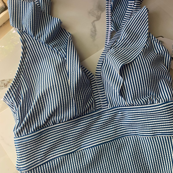 Blue and white Striped Ruffle Trim One Piece Swimsuit - Picture 6 of 6